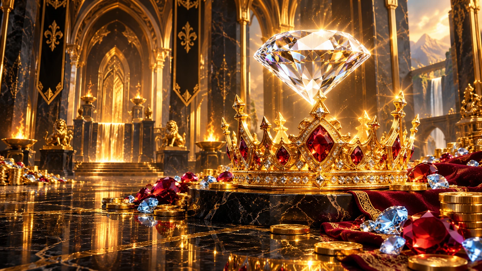 A giant brilliant diamond above a jewelled gold crown in a luminous black-and-gold palace