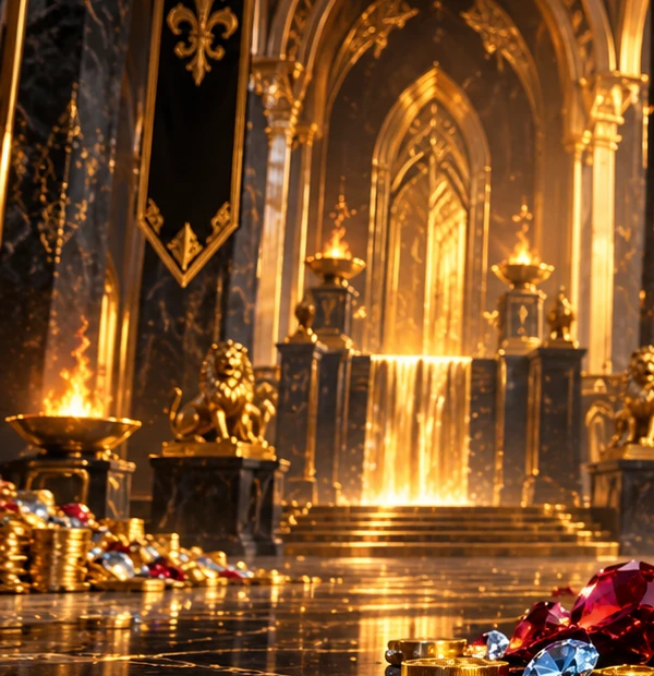 Gilded arches and a dark marble hall in the imagined Mevokiran treasury